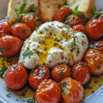 Plate of roasted cherry tomatoes with creamy burrata, drizzled with balsamic glaze and garnished with fresh basil, served alongside crusty bread.