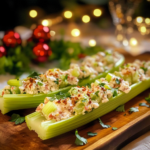 Stuffed celery sticks filled with creamy cheese, bacon, and herbs, garnished with paprika and fresh parsley, arranged on a white serving platter.