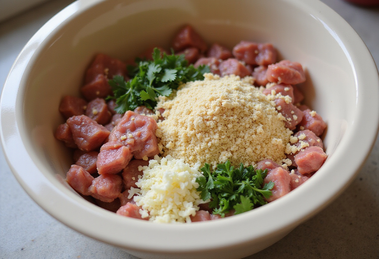 Ingredients for 4C Bread Crumbs Meatballs in a mixing bowl.