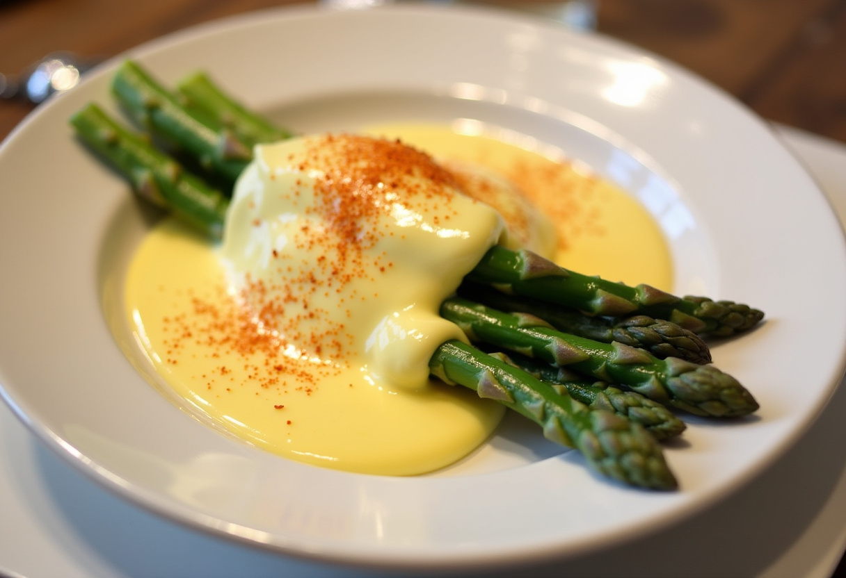 Finished Asparagus with Hollandaise Sauce, garnished and ready to serve.