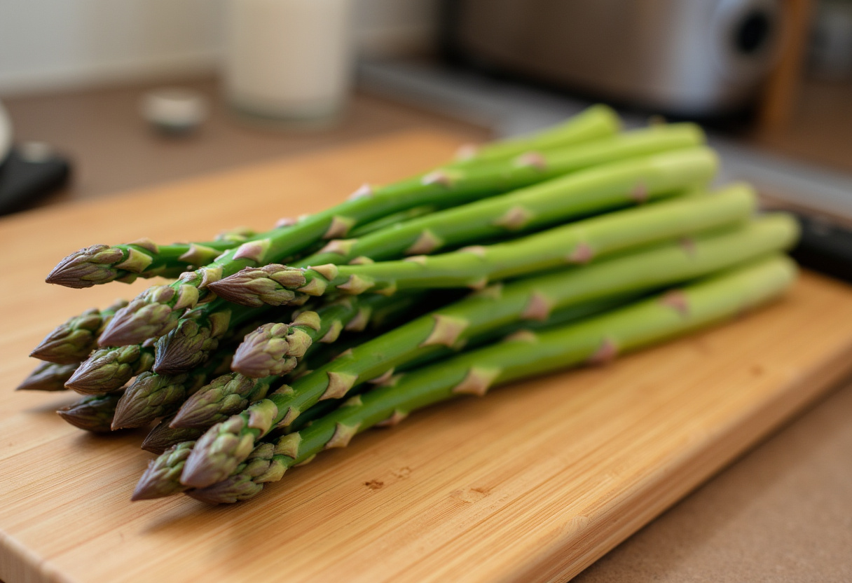 Fresh asparagus spears on a cutting board for preparing Asparagus with Hollandaise Sauce.