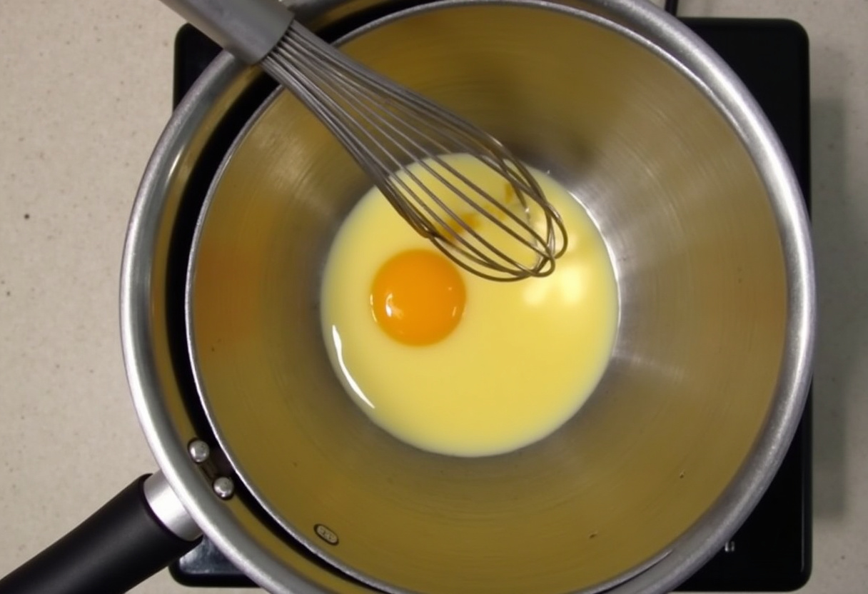 Whisking egg yolks and butter to prepare Hollandaise sauce for asparagus.