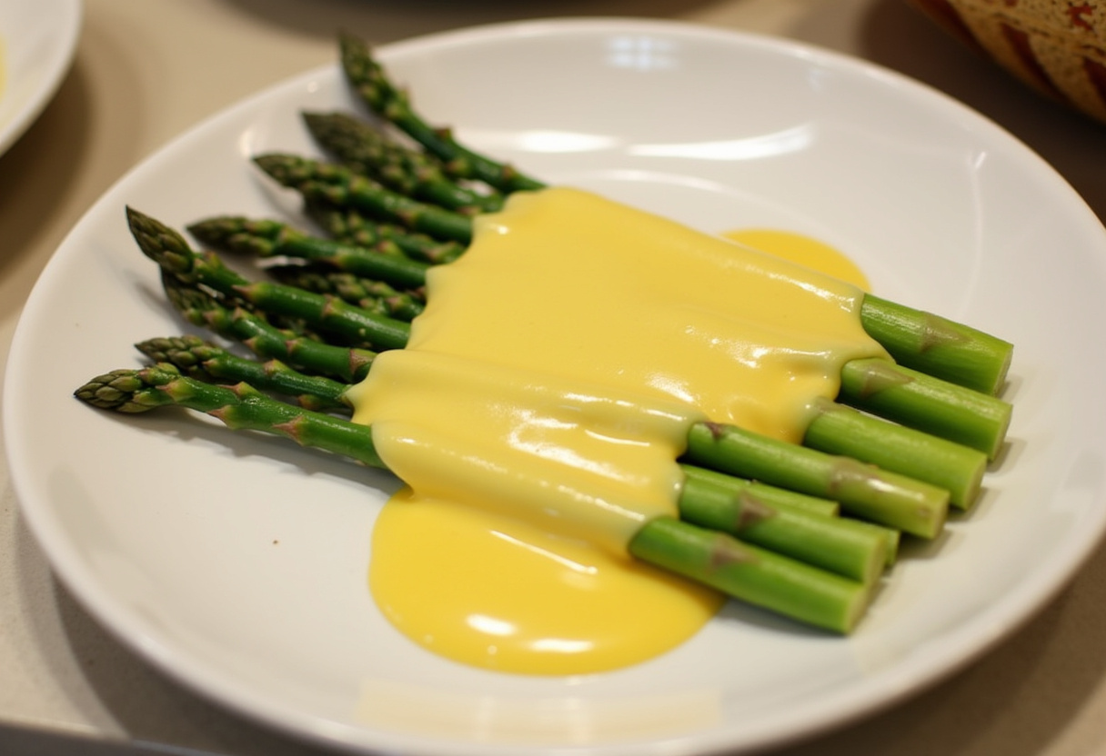 Blanched asparagus spears on a plate, waiting for Hollandaise sauce.
