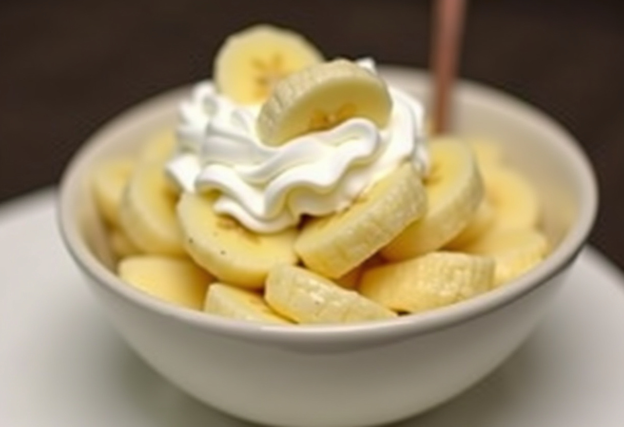 Delicious finished Banana Pudding with layers of bananas and whipped cream, perfect for dessert.