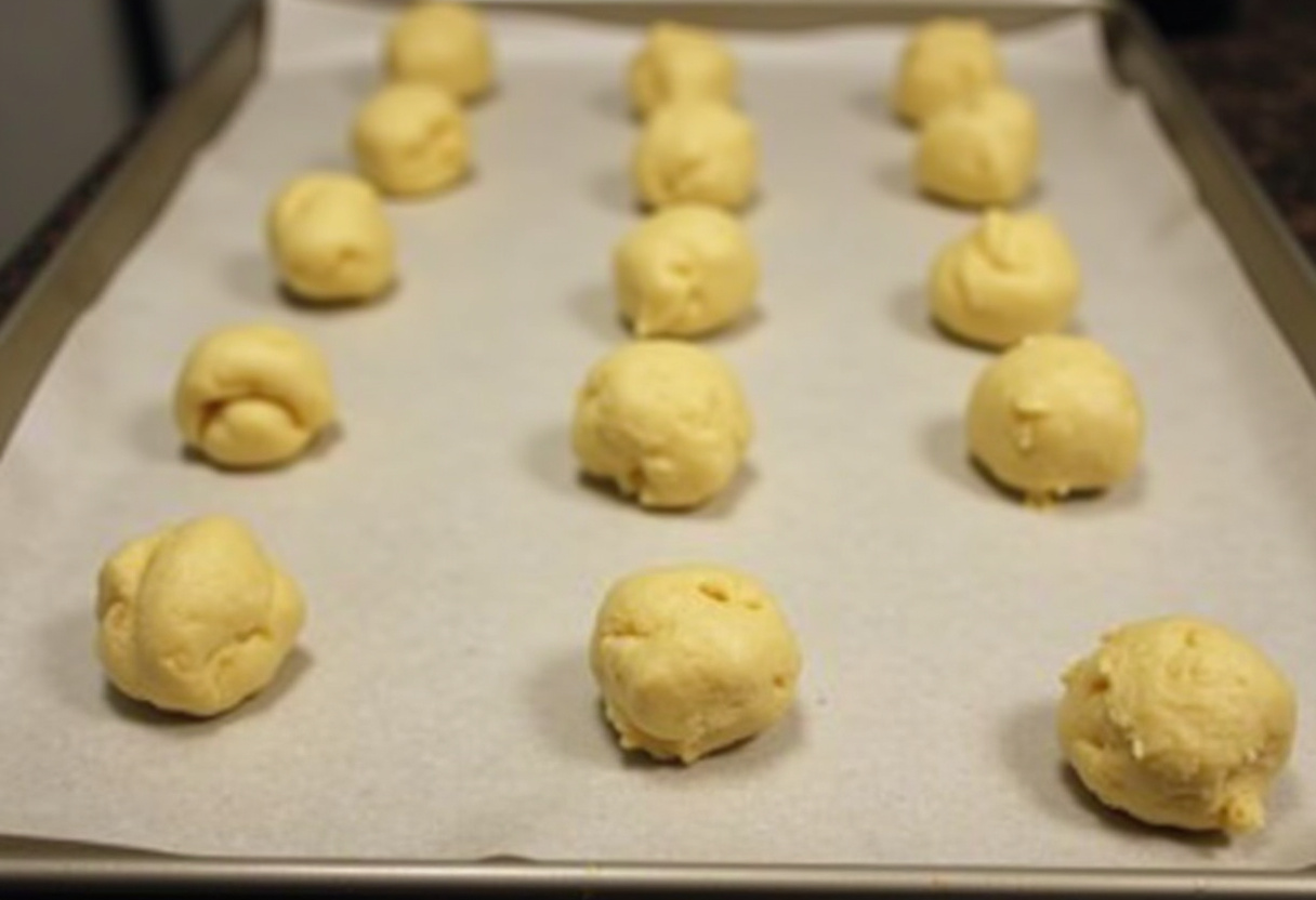 Dough balls arranged on a baking sheet for Buttery Russian Tea Balls.