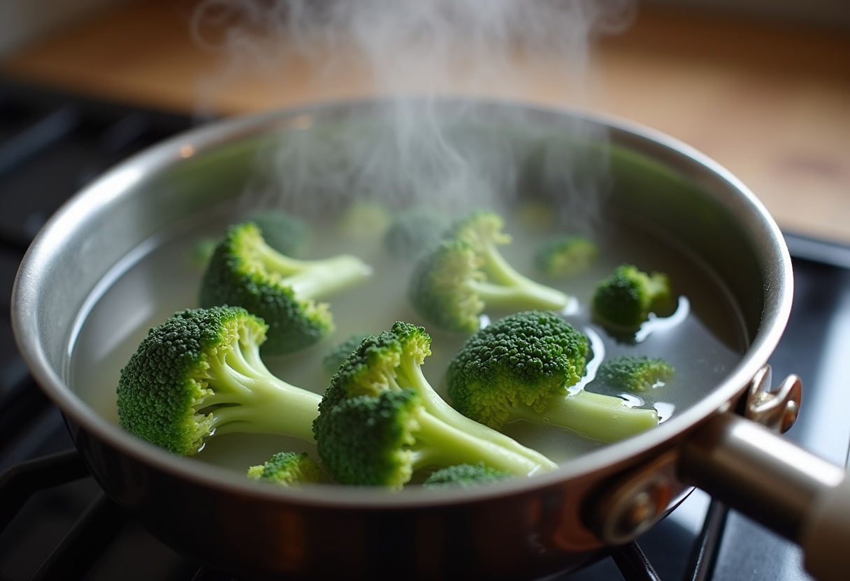 Broccoli florets being blanched in boiling water with steam rising, ready for Cheesy Broccoli Casserole.
