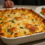 Finished Chicken and Rice Casserole, golden and bubbly, ready to serve.