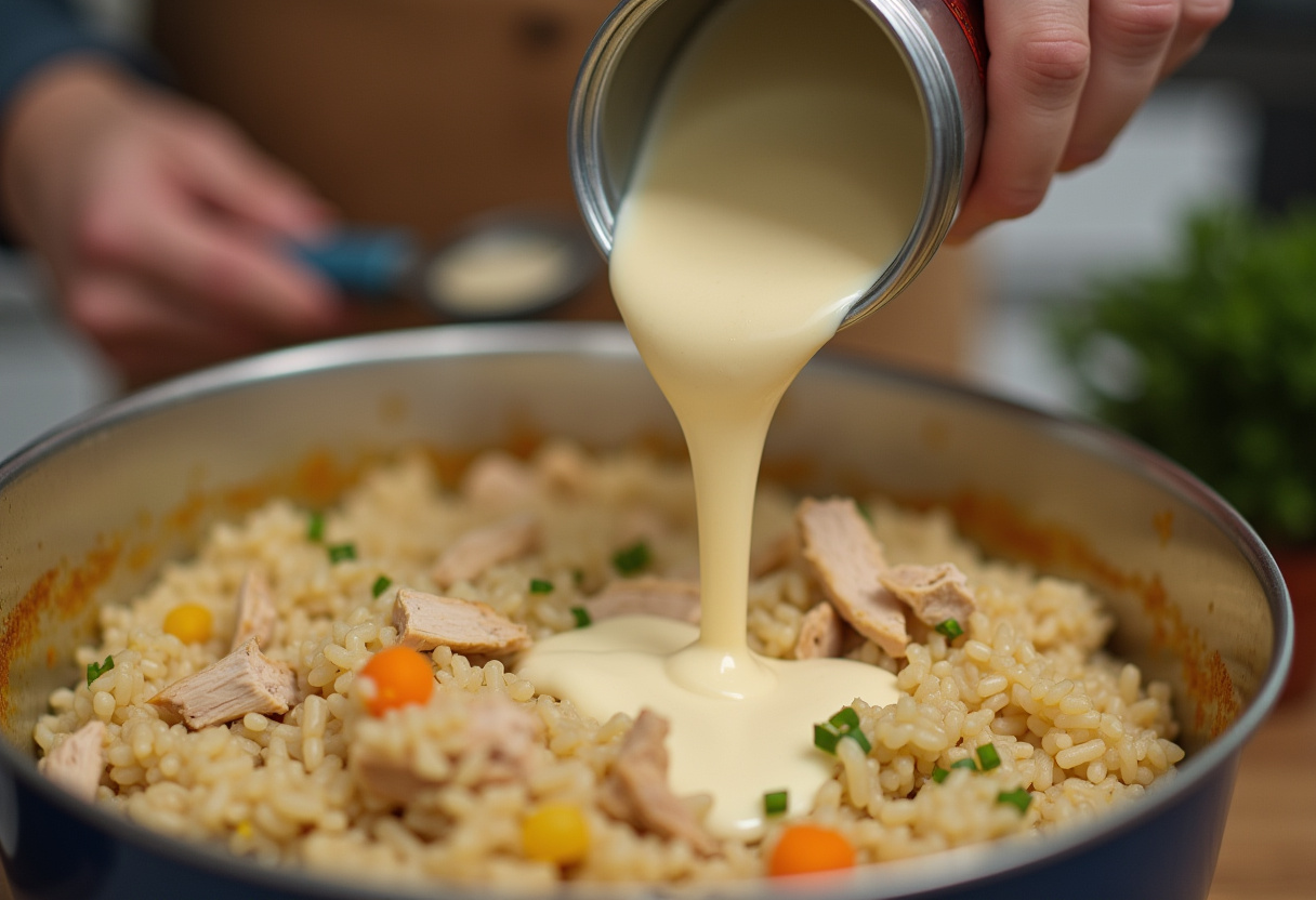 Cream of chicken soup being added to rice and chicken for casserole.