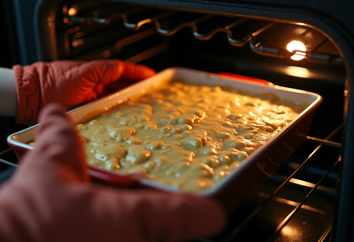 Baking dish with Chicken and Rice Casserole being placed in the oven.