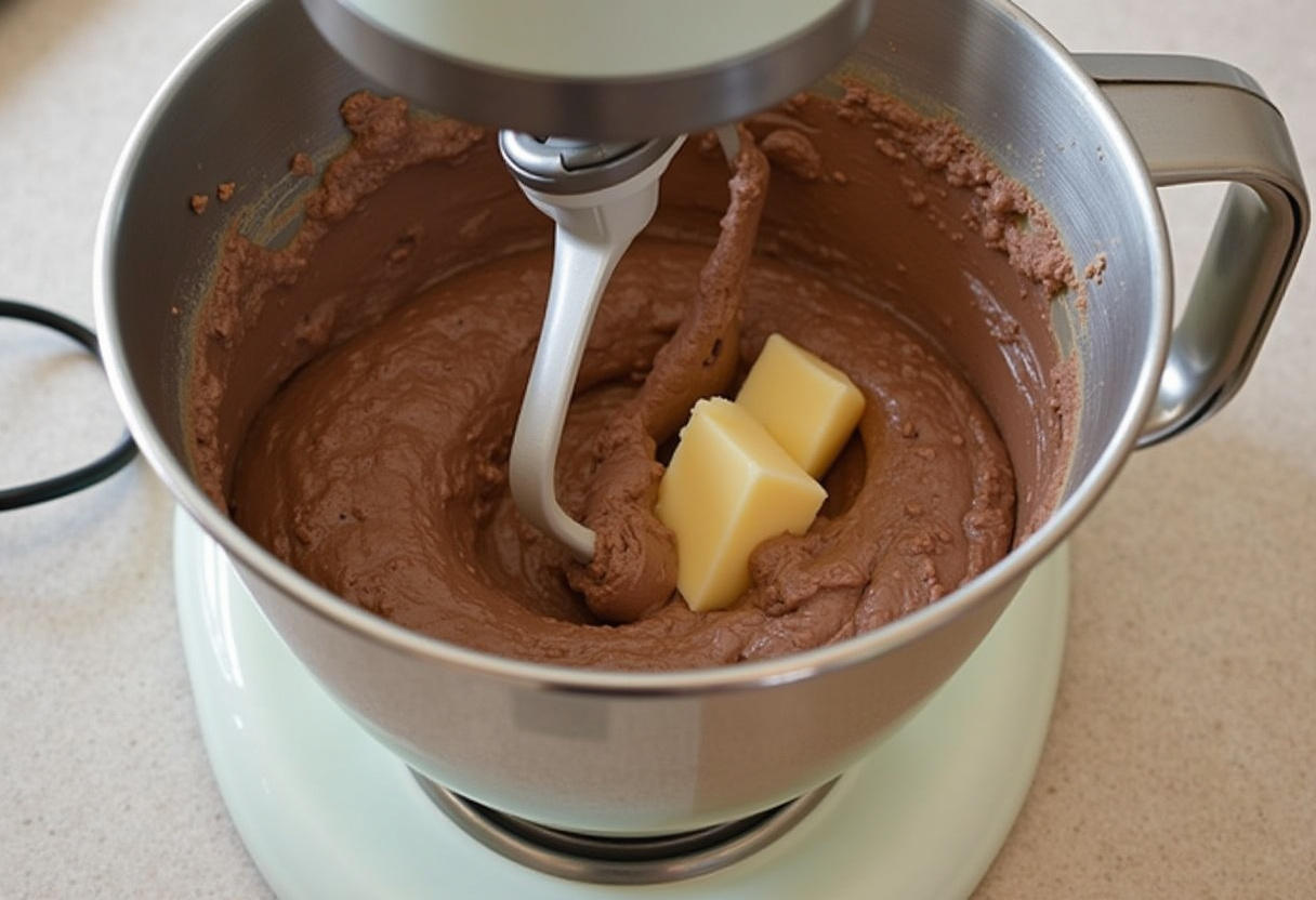 Chocolate cupcake batter being mixed in a stand mixer for Chocolate Bunny Cupcakes.