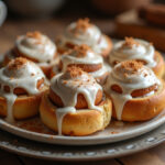 Delicious freshly baked cinnamon rolls with icing, perfect for breakfast.