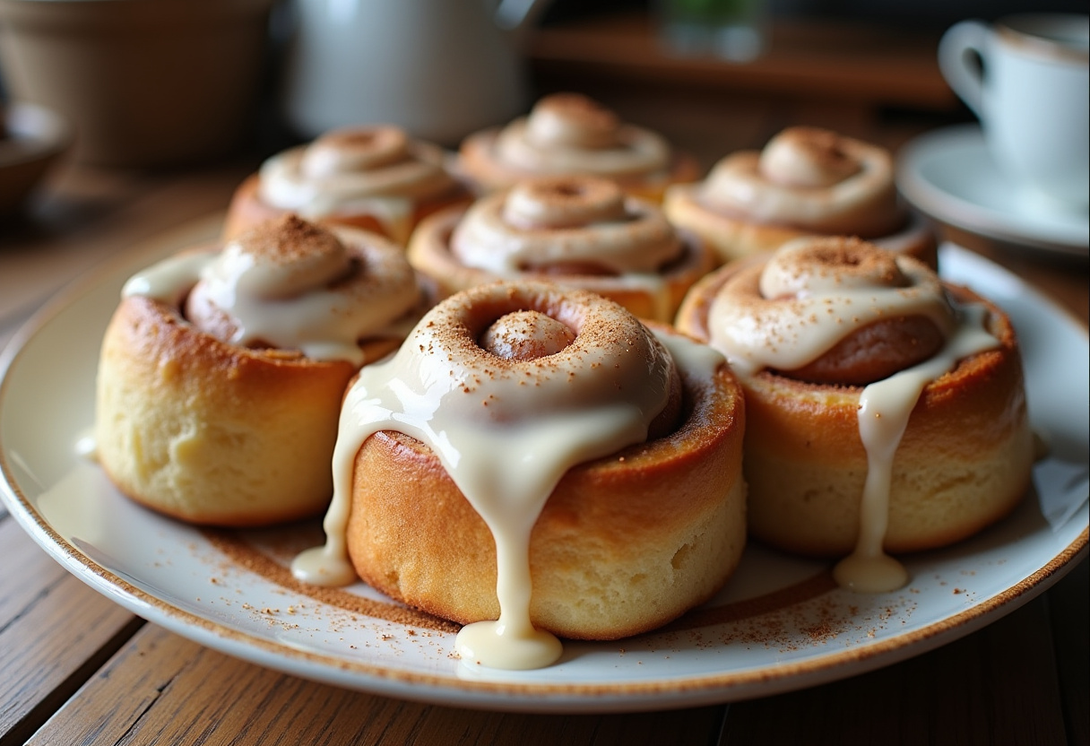 Delicious freshly baked cinnamon rolls with icing, perfect for breakfast.