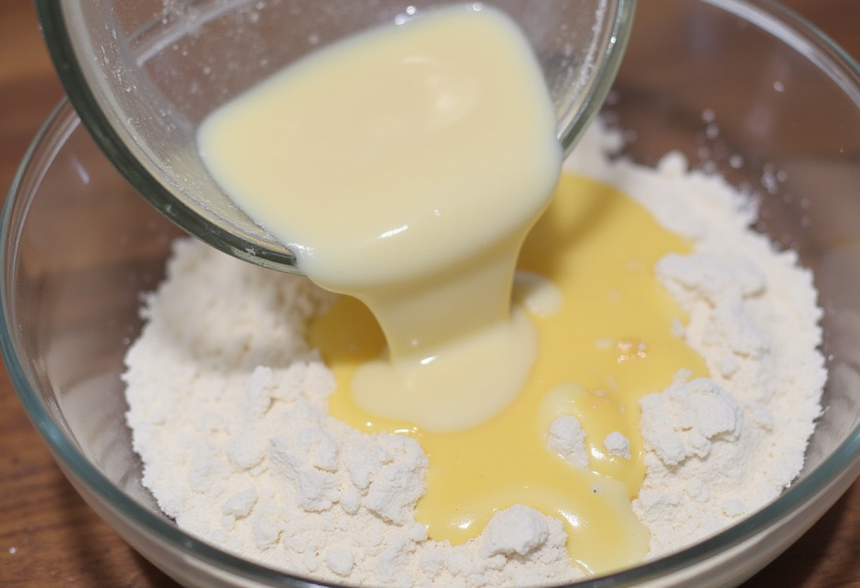 Wet and dry ingredients being combined to make baby shower cake batter.