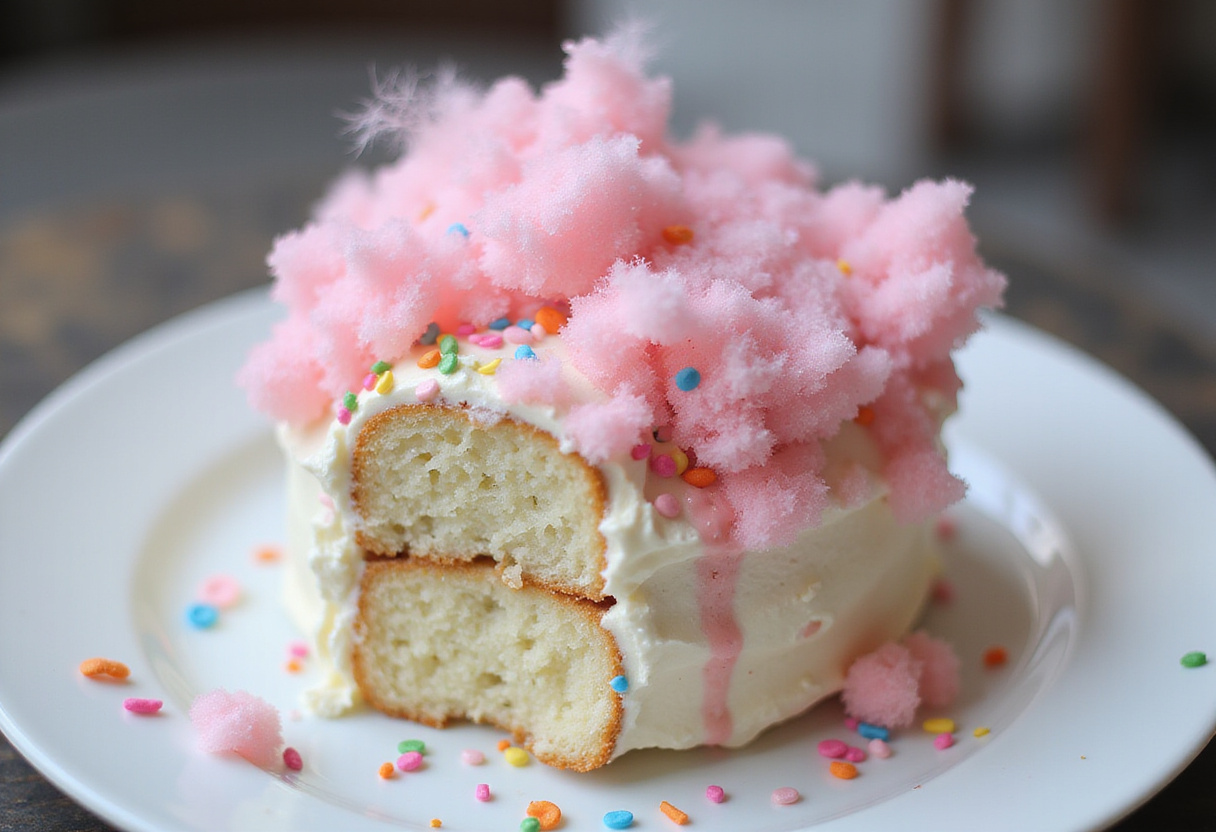 Finished classic cotton candy cake decorated with cotton candy and sprinkles, a delightful dessert.