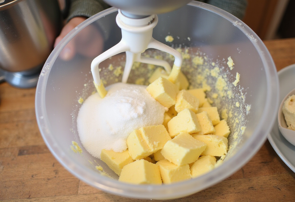 Creaming butter and sugar for a cotton candy flavored cake.