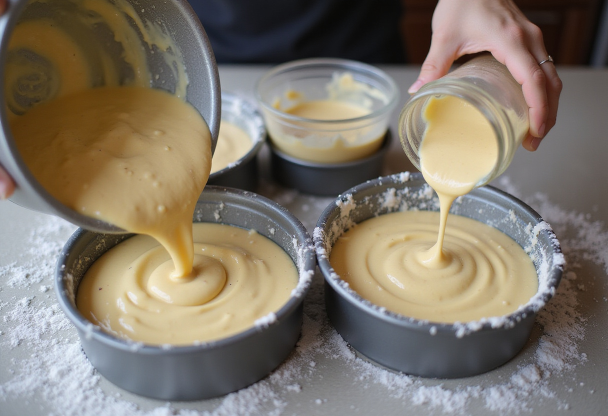 Cake batter being prepared for baking a cotton candy cake.