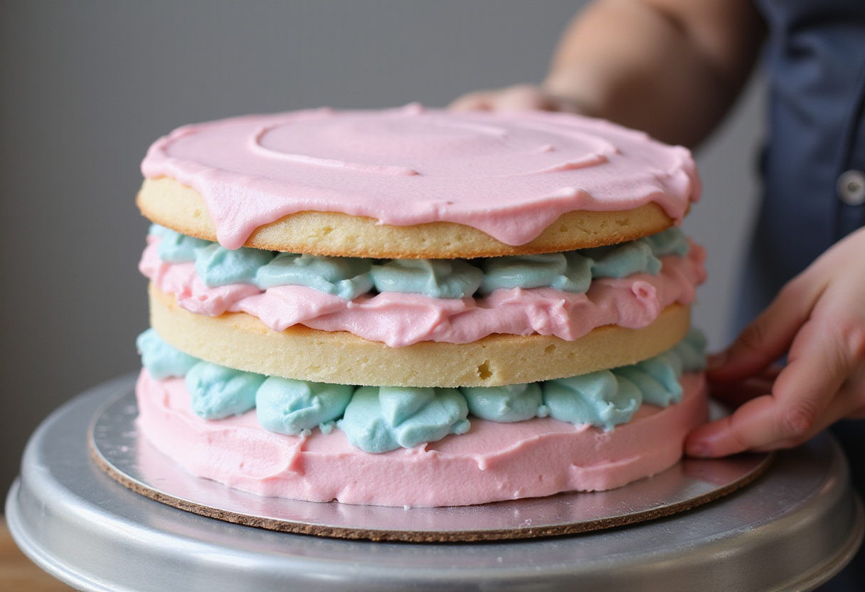Assembling layers of cotton candy cake with flavored frosting.