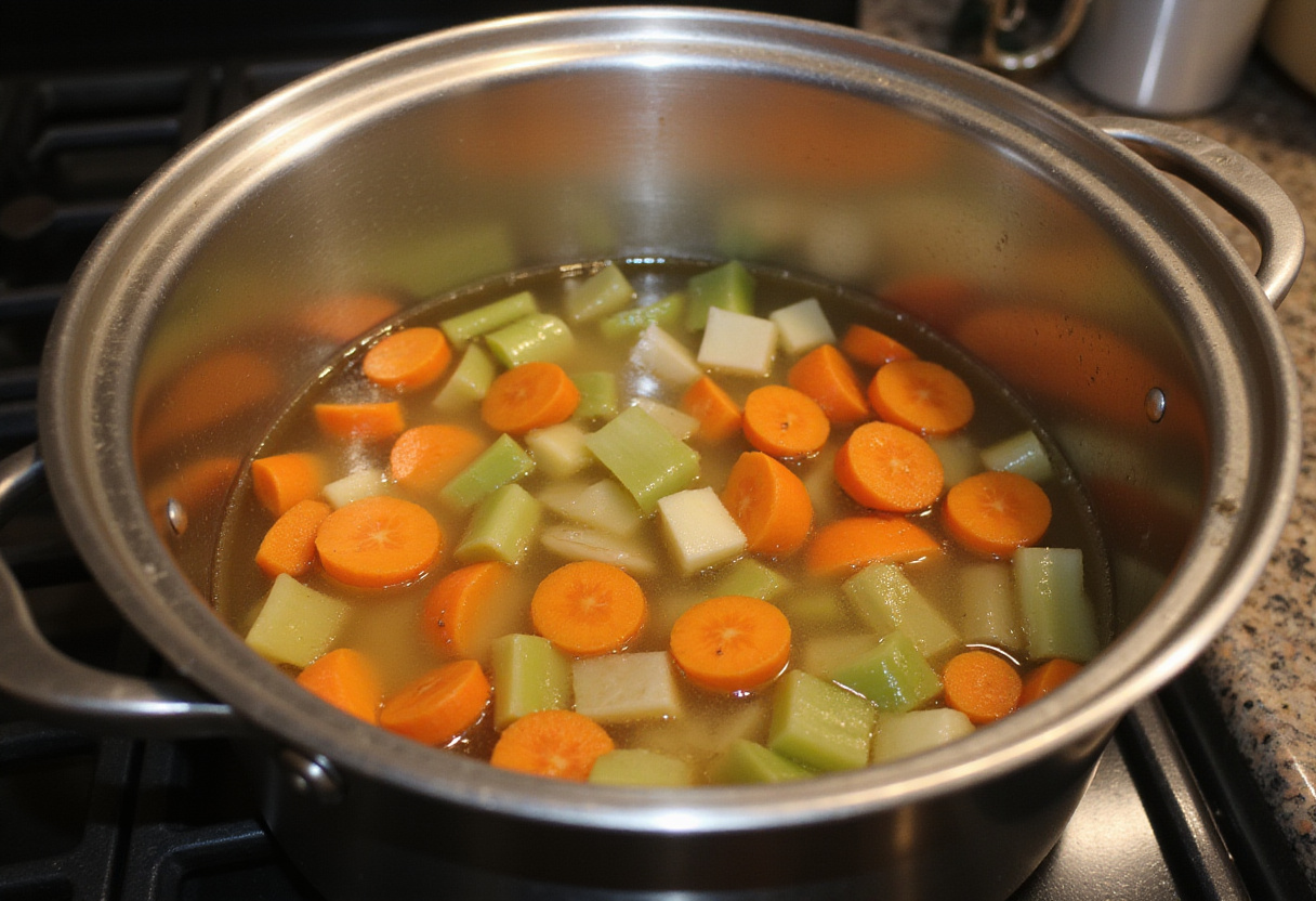 Vegetable broth and vegetables simmering in a pot for high-protein soup.