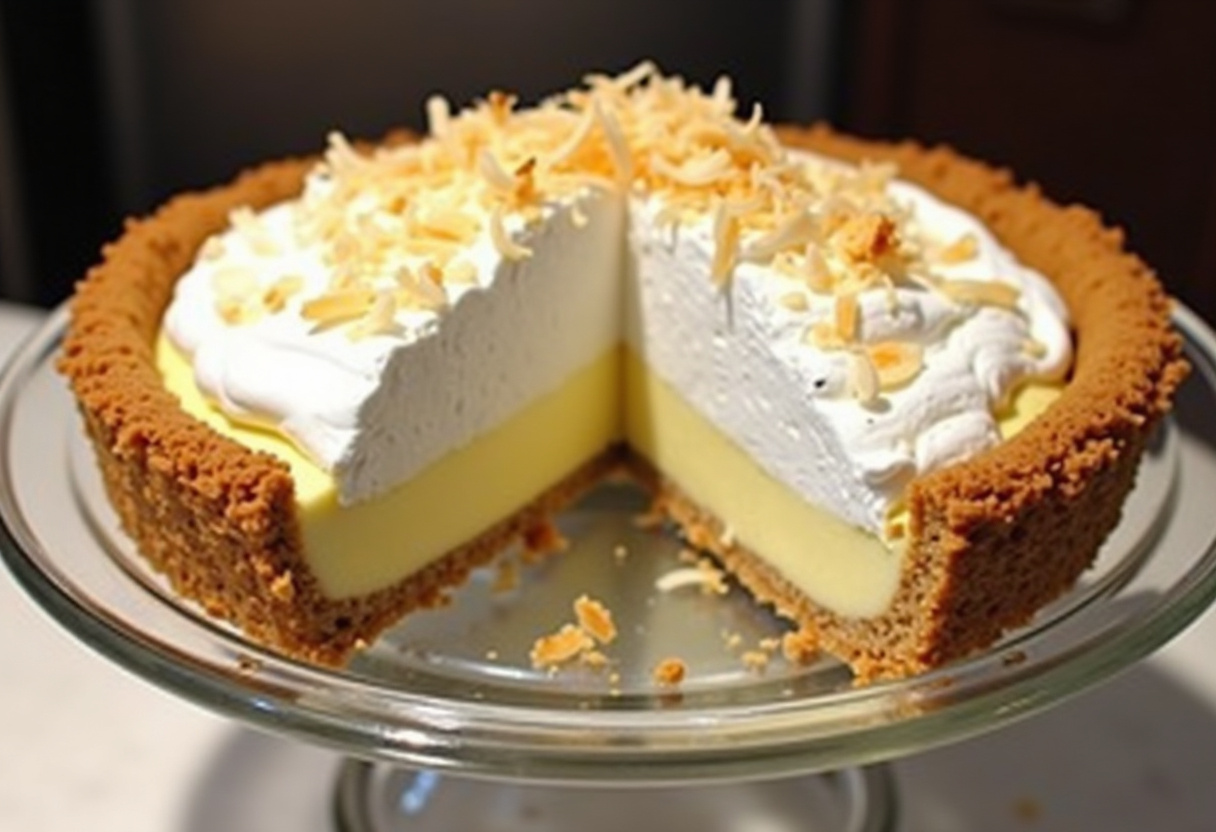 Finished Coconut Cream Pie with whipped cream and toasted coconut, ready to serve.