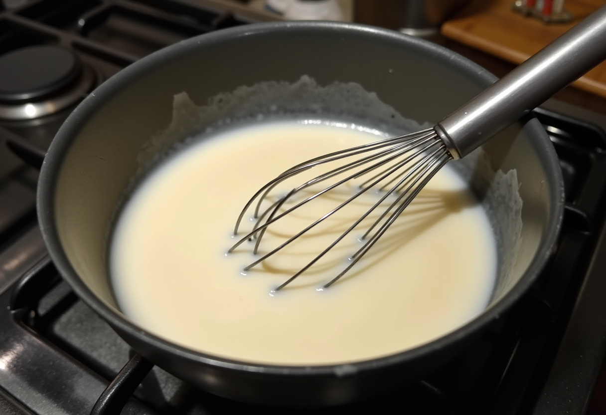 Coconut milk mixture simmering for Coconut Cream Pie filling.