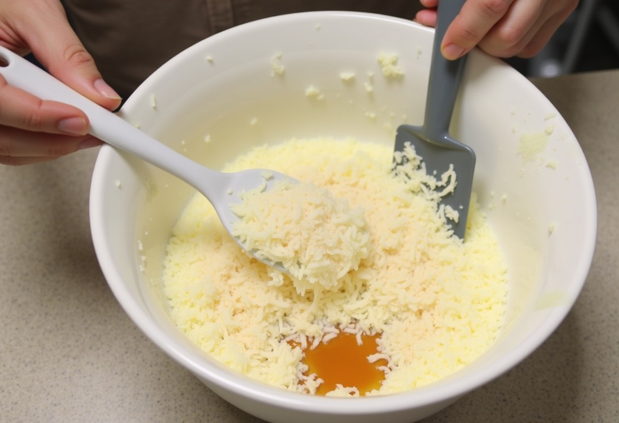 Mixing shredded coconut, sweetened condensed milk, and vanilla for Coconut Macaroons.