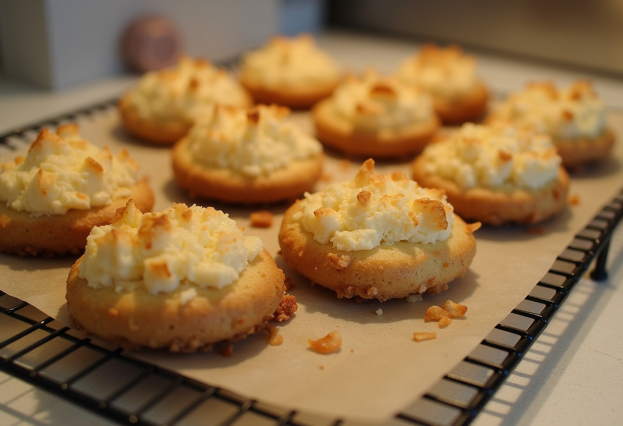 Cooling coconut macaroons on a wire rack after being baked to perfection.