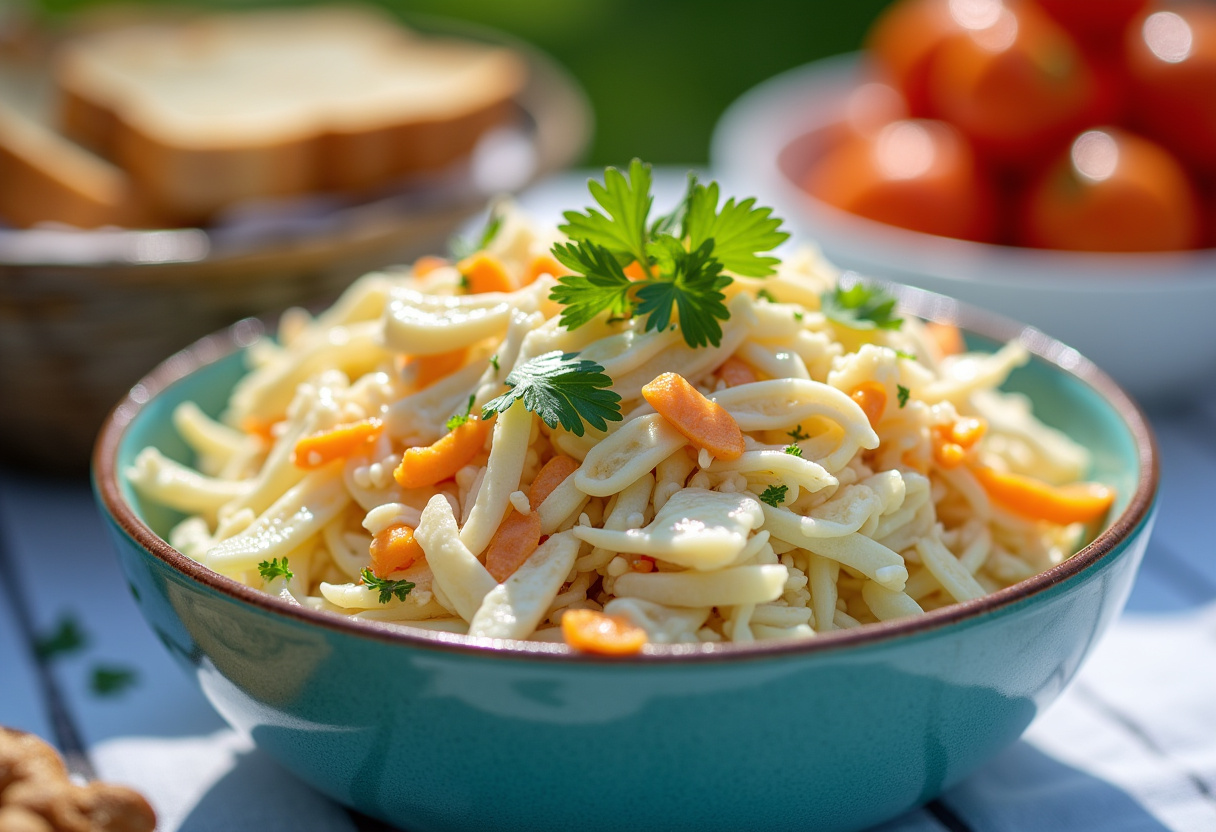 Delicious and colorful coleslaw ready to serve at a summer picnic.
