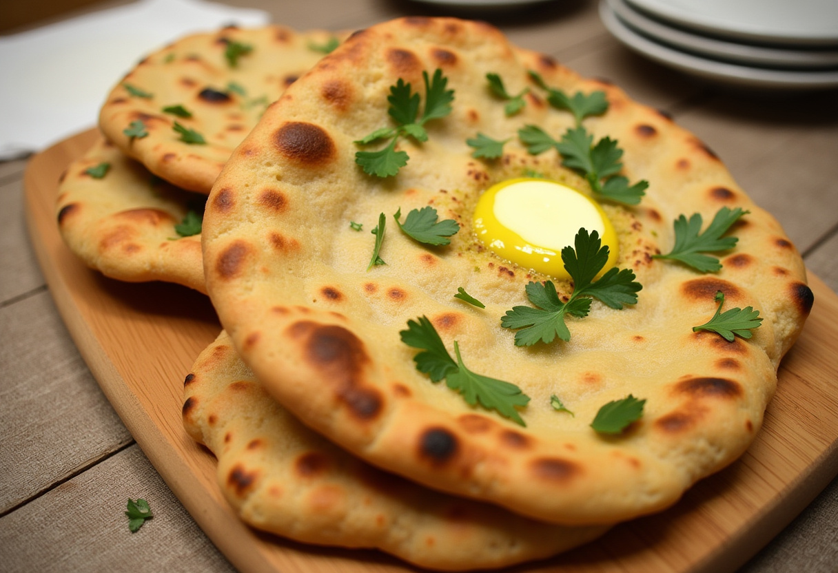 Freshly cooked Sourdough Discard Naan Bread, buttery and garnished with herbs.