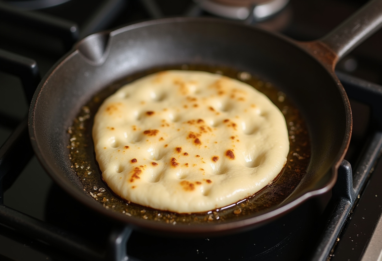 Cast iron skillet heating for cooking Sourdough Discard Naan Bread.