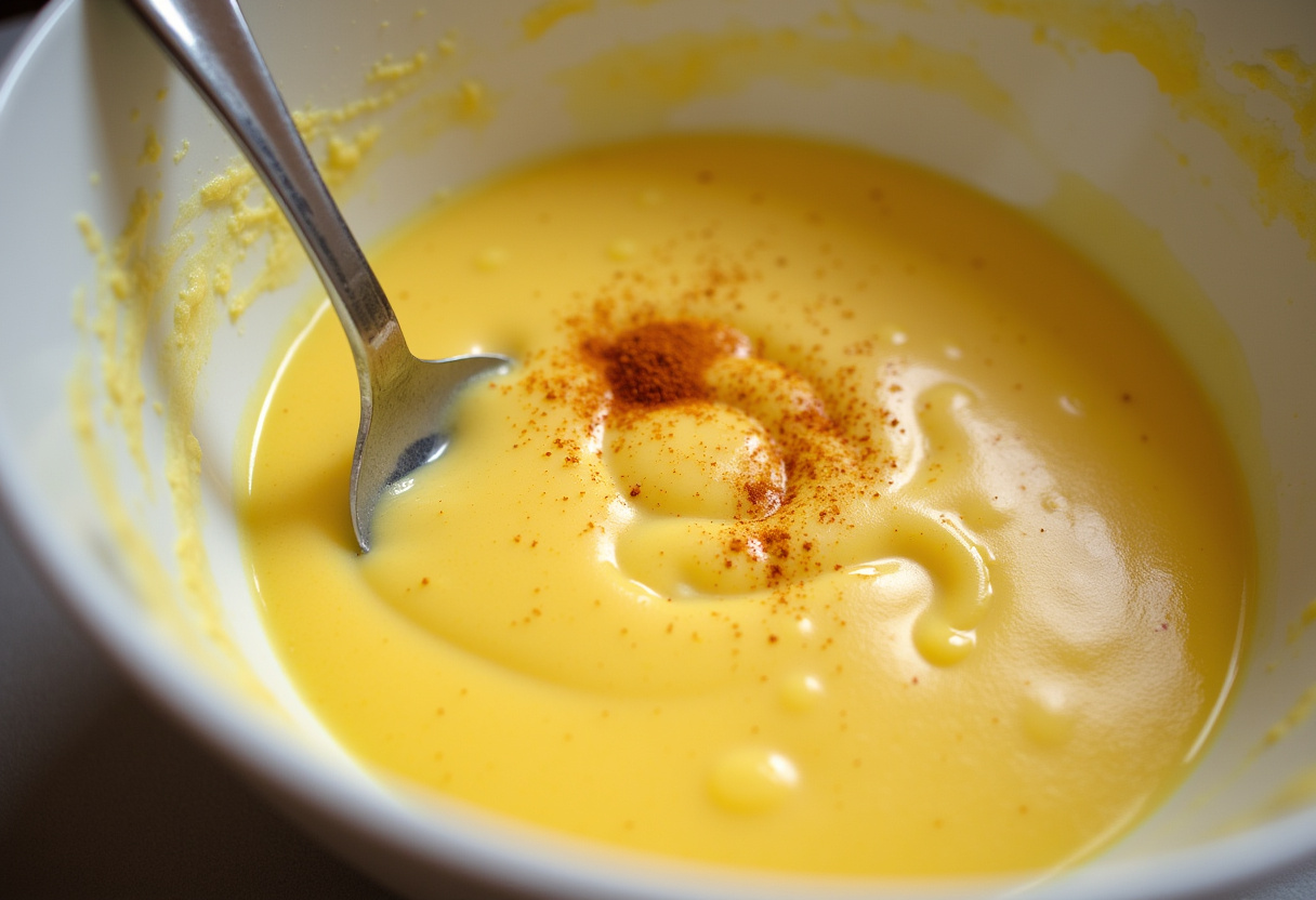 Creamy Deviled Eggs filling mixture being prepared.