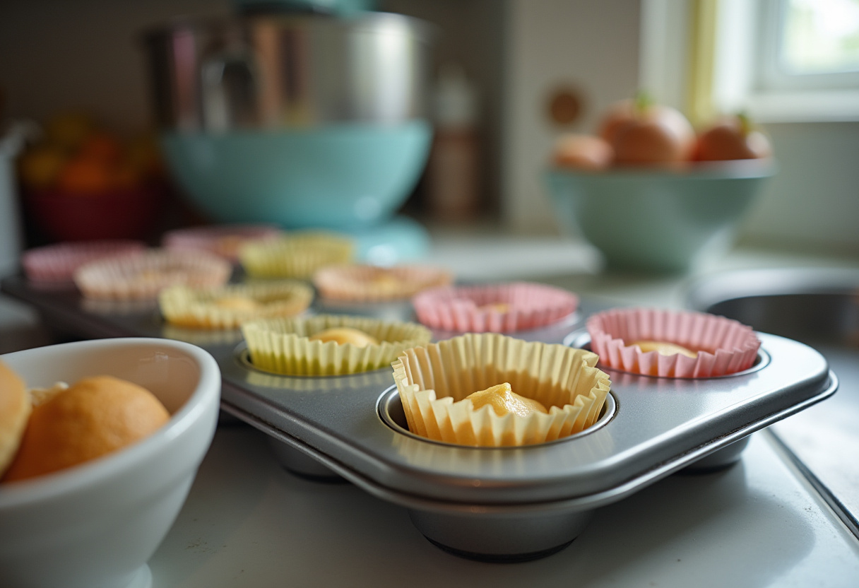 Muffin tin with pastel cupcake liners ready for Easter Basket Cupcakes.