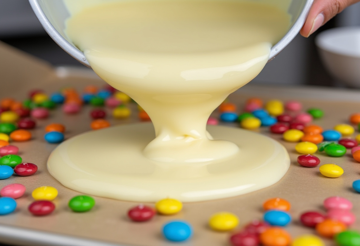 Pouring melted white chocolate over assorted candies for Easter Bunny Bark.