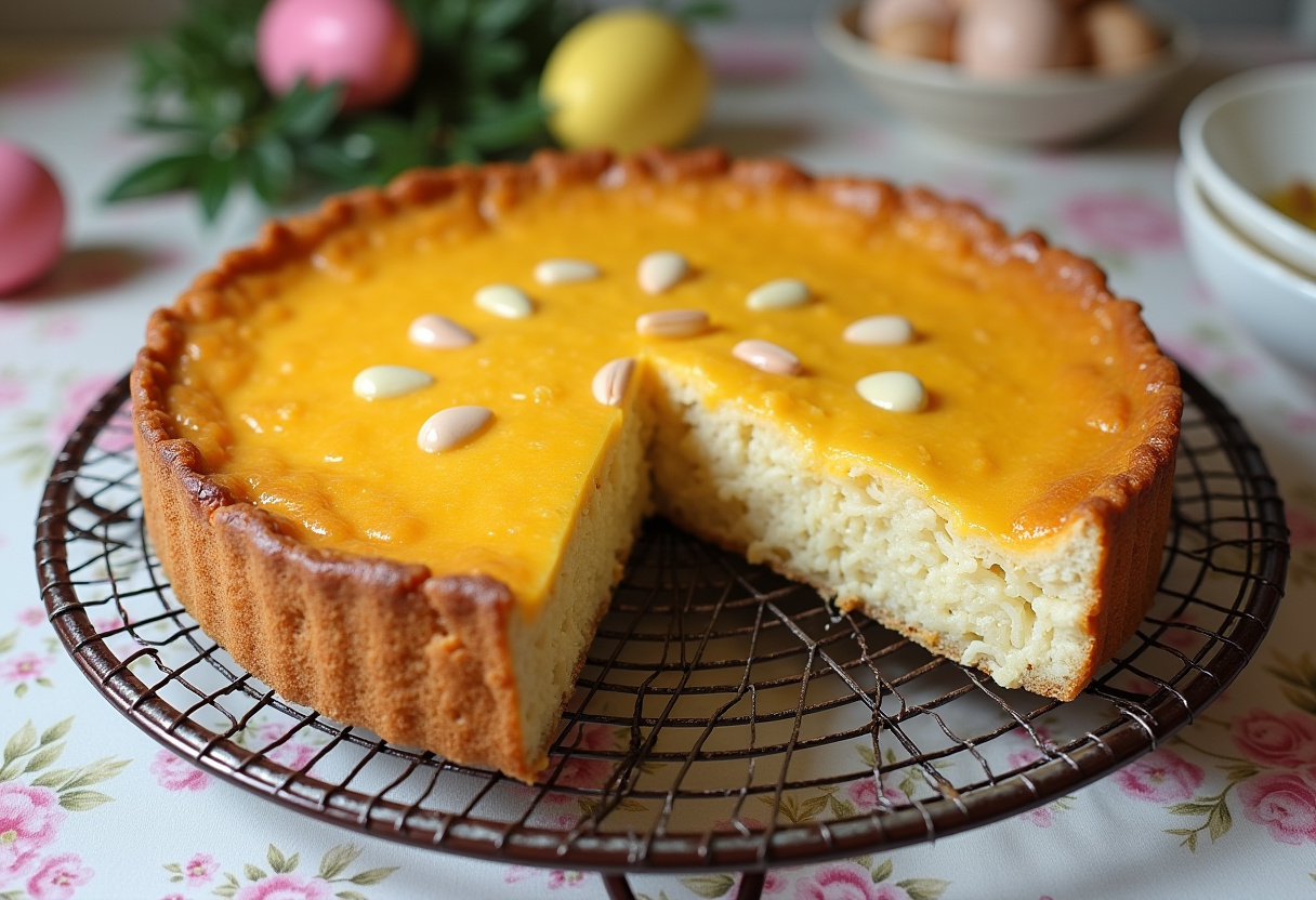 Finished Easter Rice Pie served to celebrate the Easter holiday.
