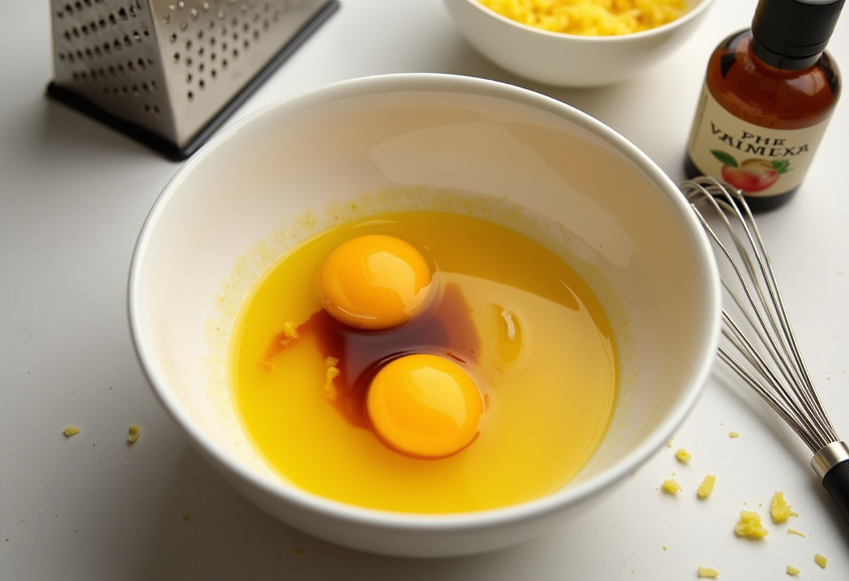 Whisking eggs with vanilla and lemon zest for Easter Rice Pie filling.