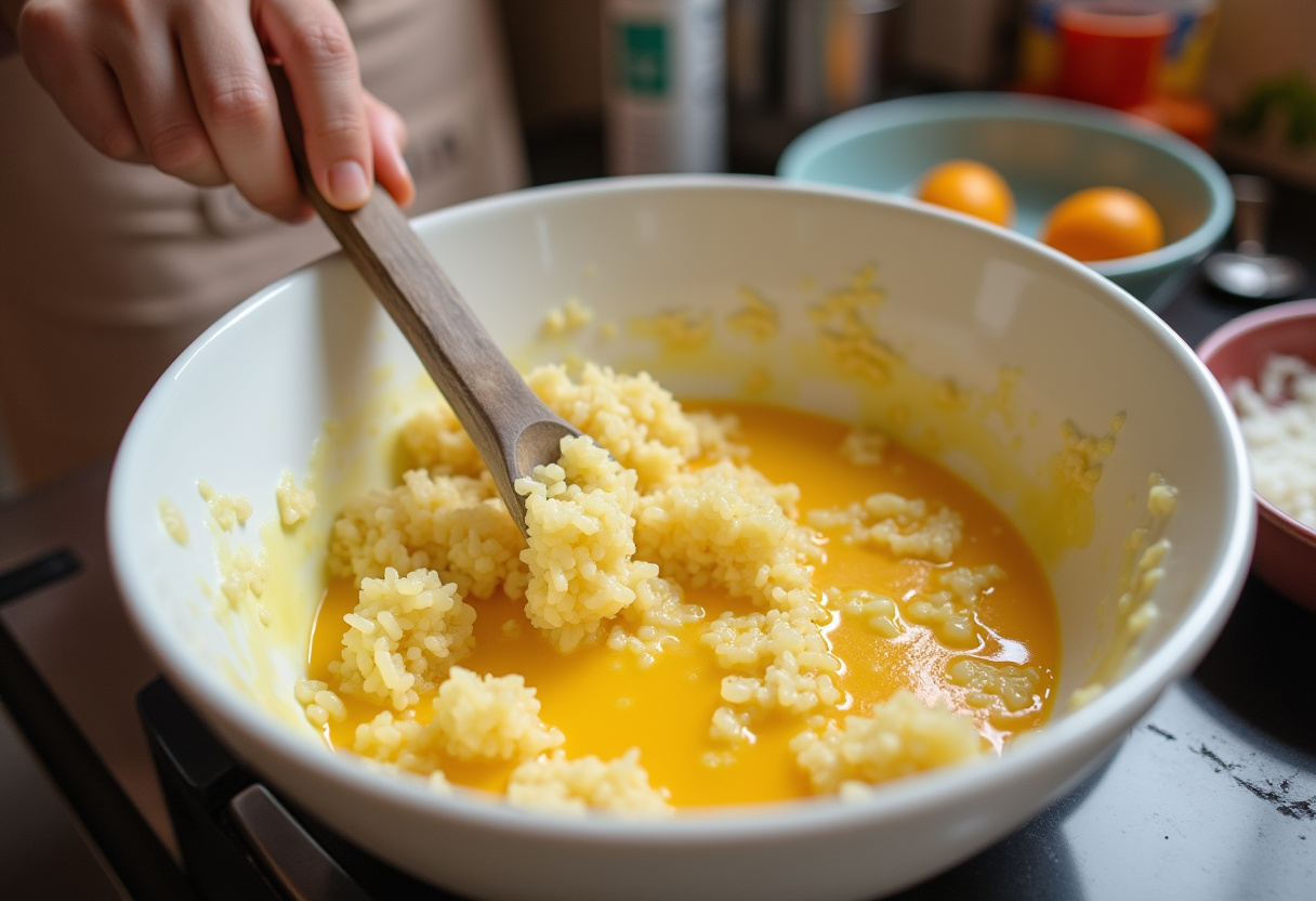 Mixing together the rice and egg mixtures for a delicious Easter Rice Pie.