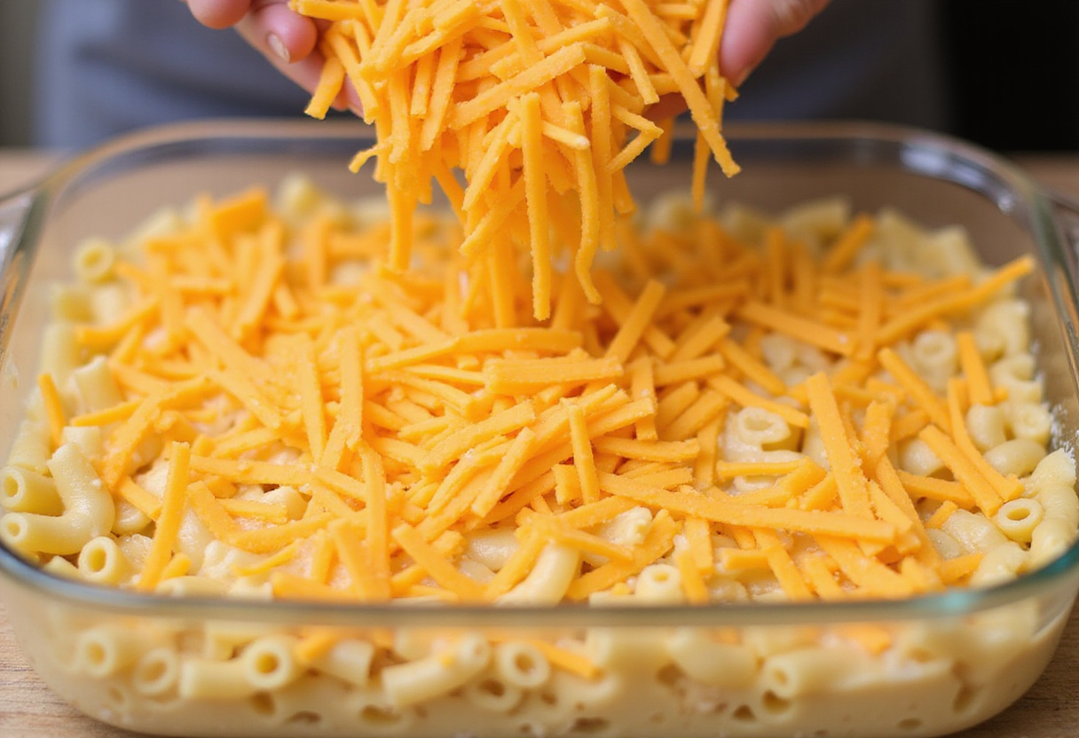 Adding cheddar and Monterey Jack cheese to macaroni for Family-Favorite Macaroni and Cheese.