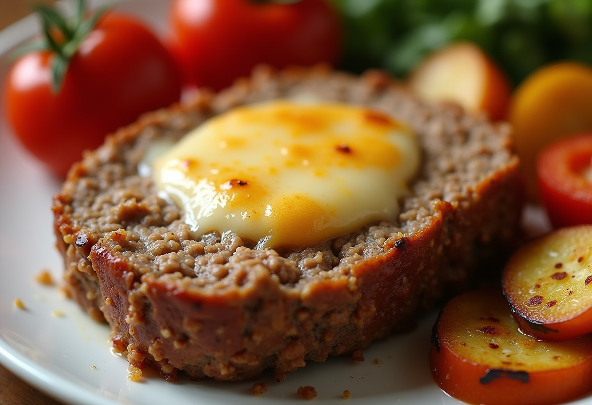 Delicious French Onion Meatloaf with melted Swiss cheese and roasted vegetables.