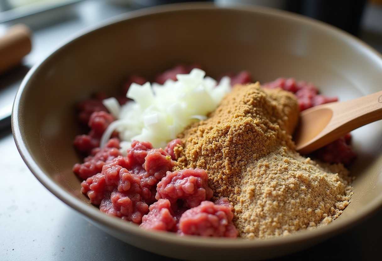 Ground beef, breadcrumbs, and onions in a mixing bowl for French Onion Meatloaf.