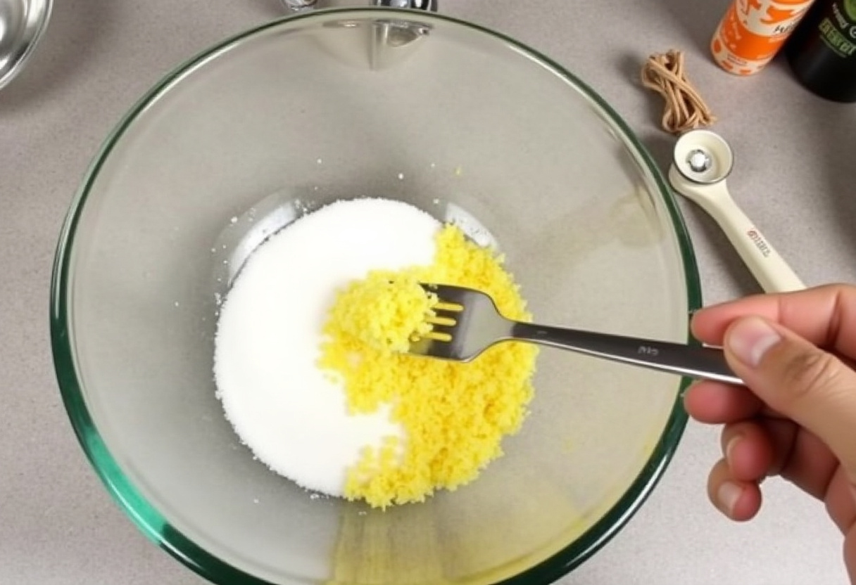Sugar and lemon zest being mixed for Glazed Lemon Pound Cake preparation.