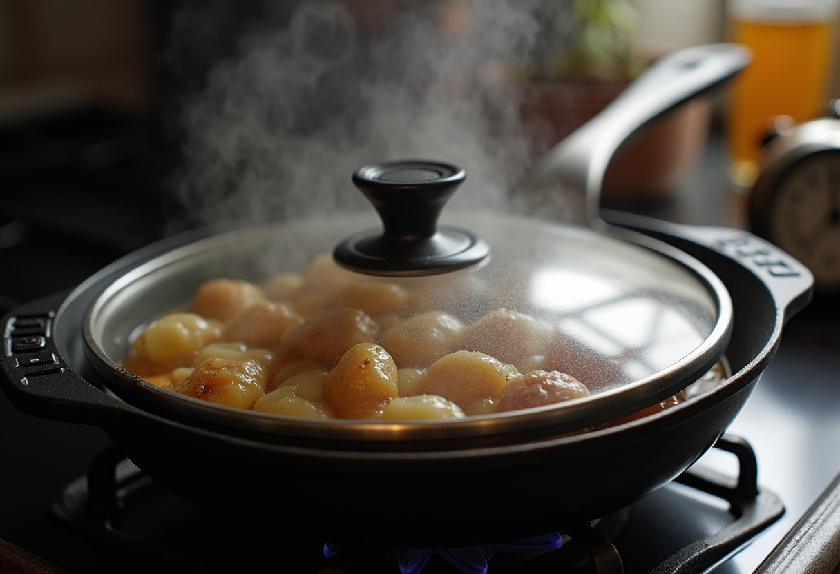 Ground Beef and Potatoes simmering in a covered skillet.