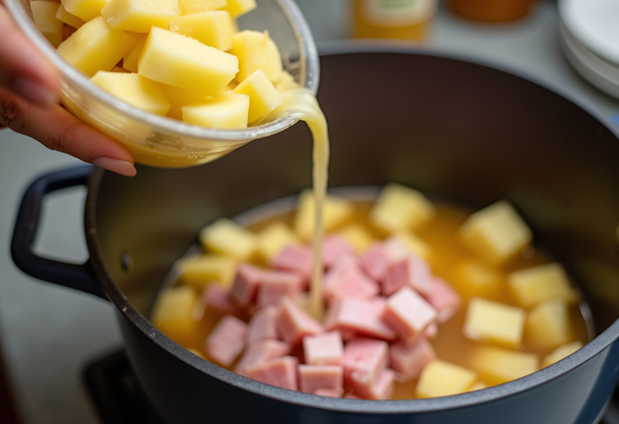 Adding chopped potatoes and diced ham into the pot for Ham and Potato Soup.