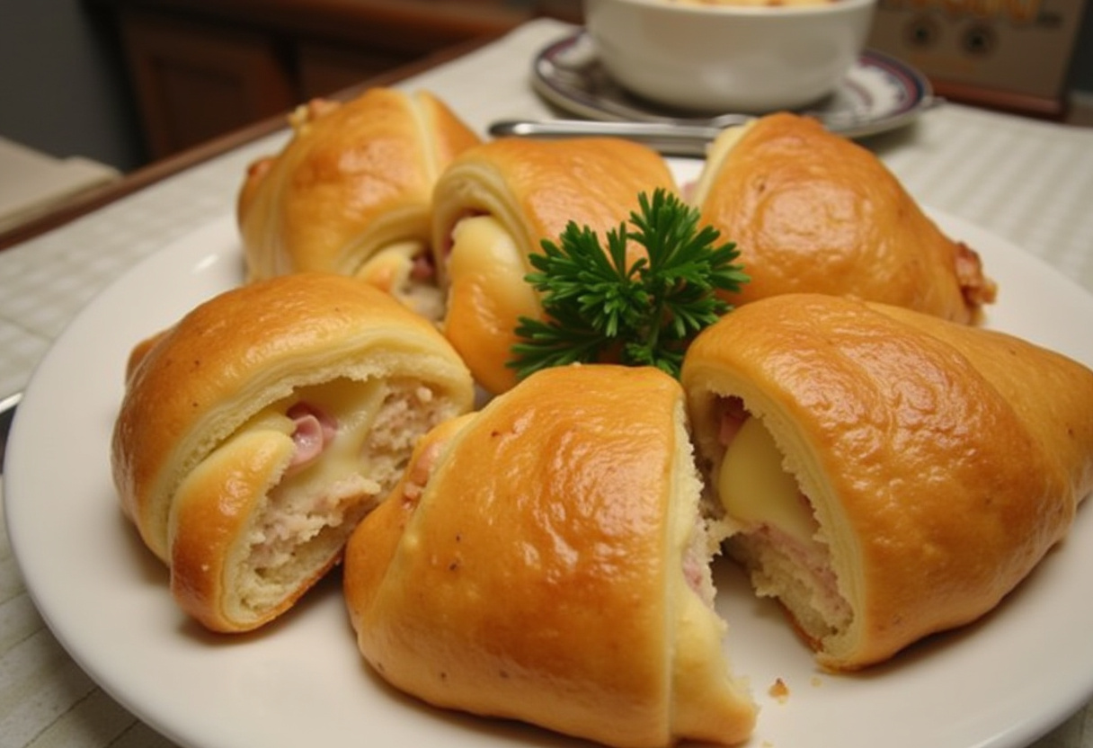 Finished Ham and Swiss Crescent Rolls, warm and flaky, perfect for any meal.