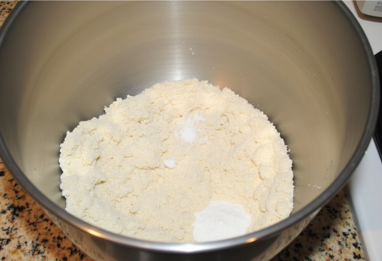Mixing bowl with sourdough discard, flour, and sugar for Healthy Sourdough Discard Monkey Bread.