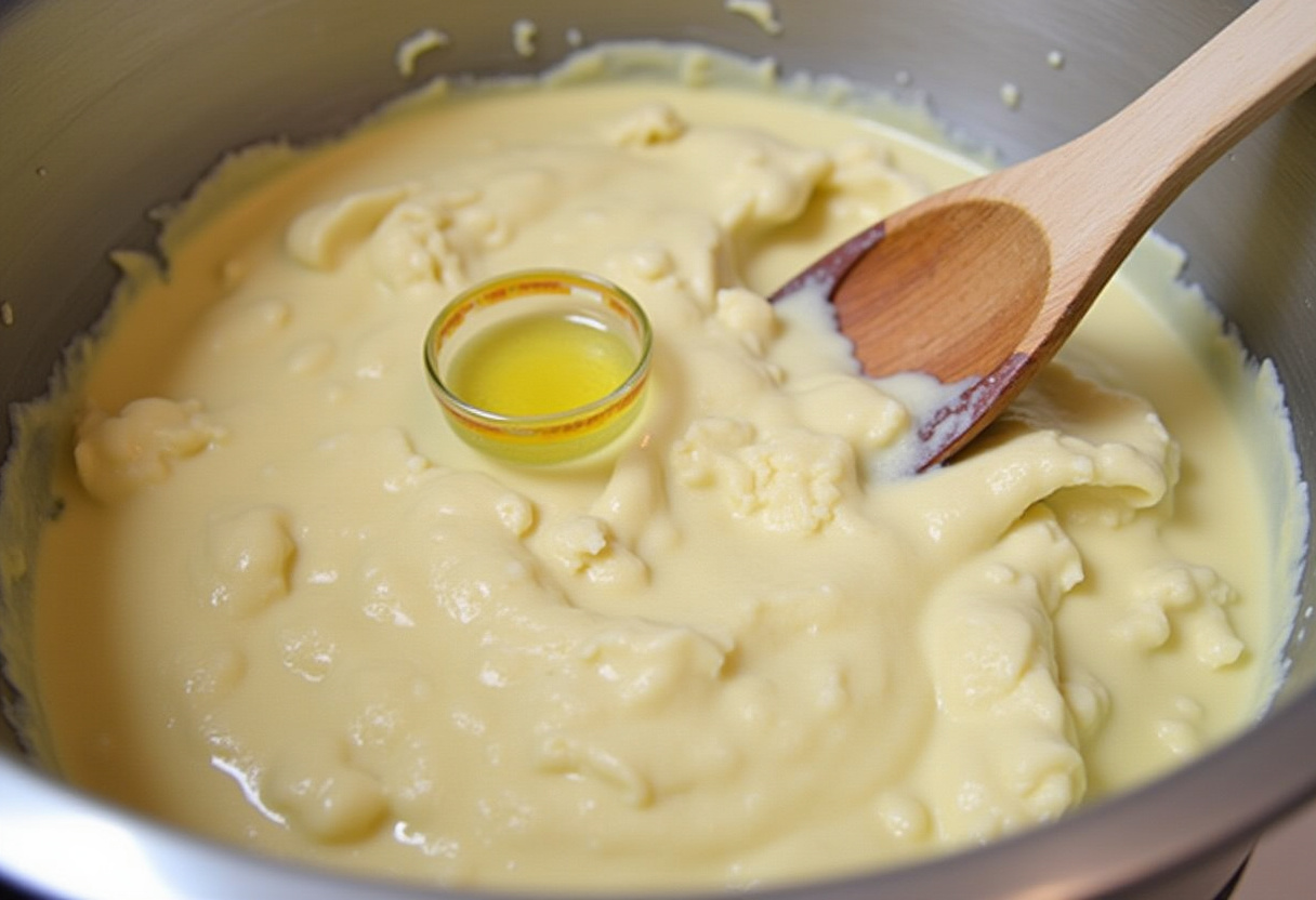 Stirring sourdough discard mixture with coconut oil for Healthy Sourdough Discard Monkey Bread.