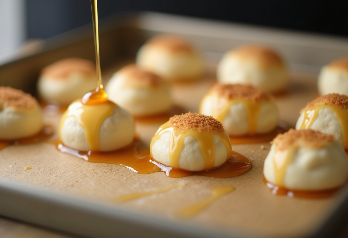 Cinnamon and honey drizzle over sourdough dough balls before baking Healthy Sourdough Discard Monkey Bread.