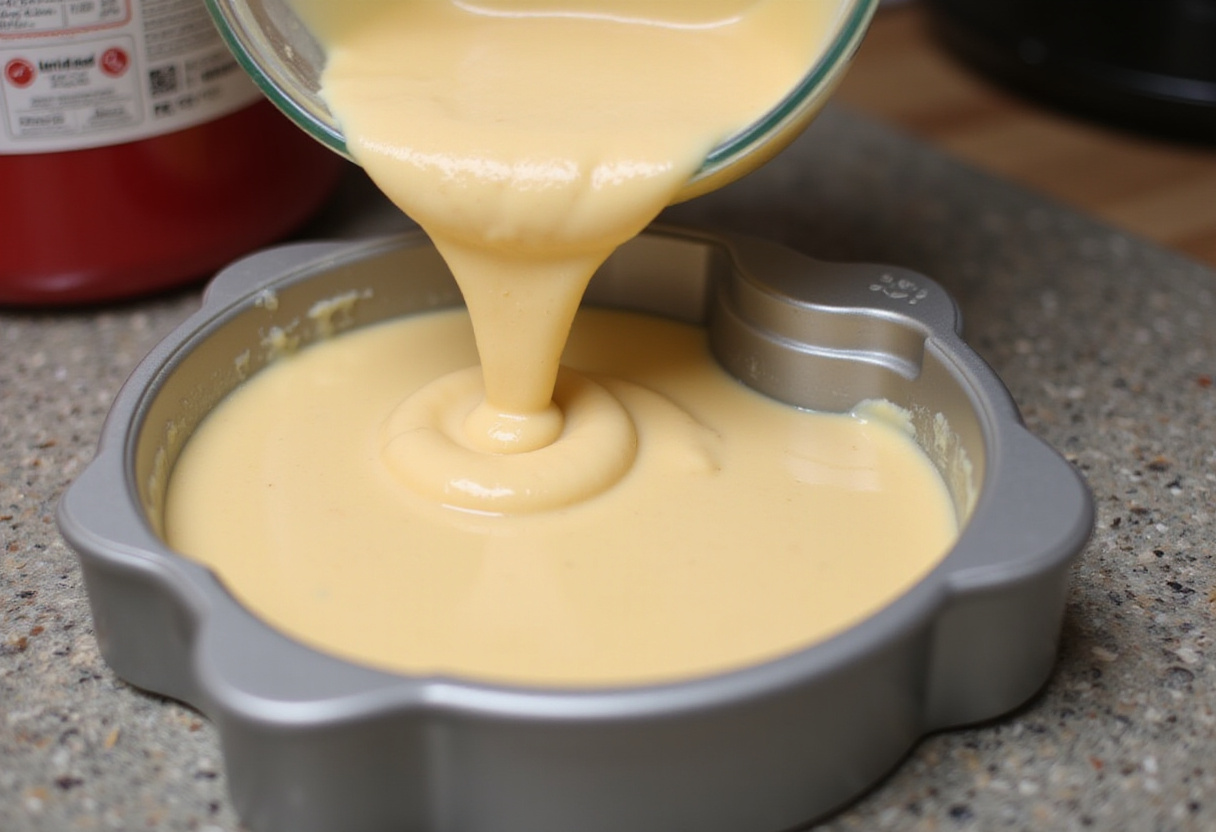 Cake batter being poured into a Hello Kitty shaped baking pan.