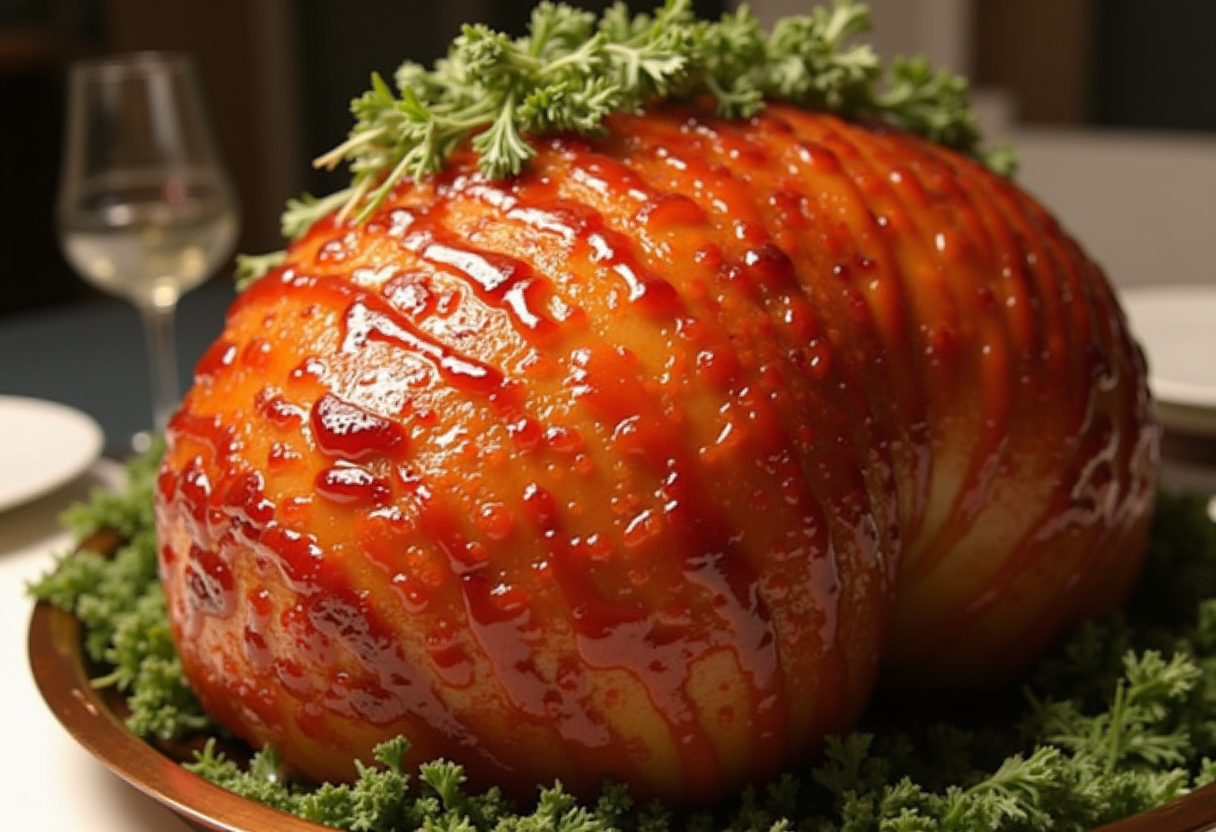 Perfectly roasted Honey Baked Ham with honey glaze, ready to serve for a festive meal.