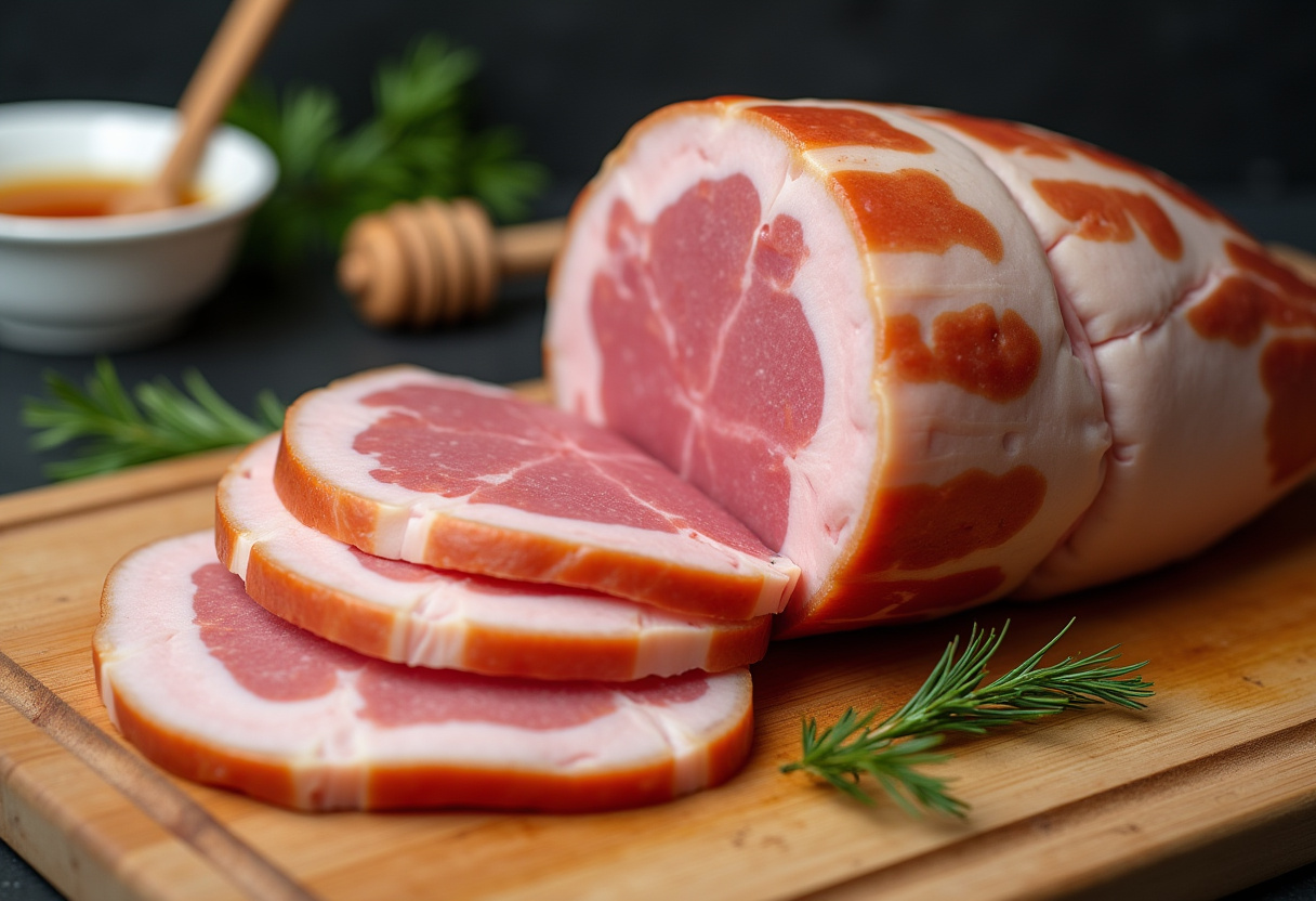 Raw ham on a cutting board with honey and spices for Honey Baked Ham recipe.