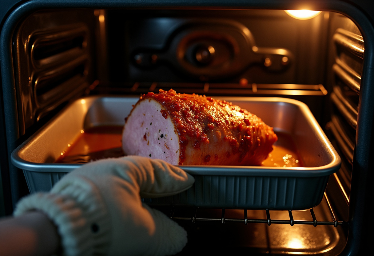 Honey Baked Ham being placed in the oven for roasting.