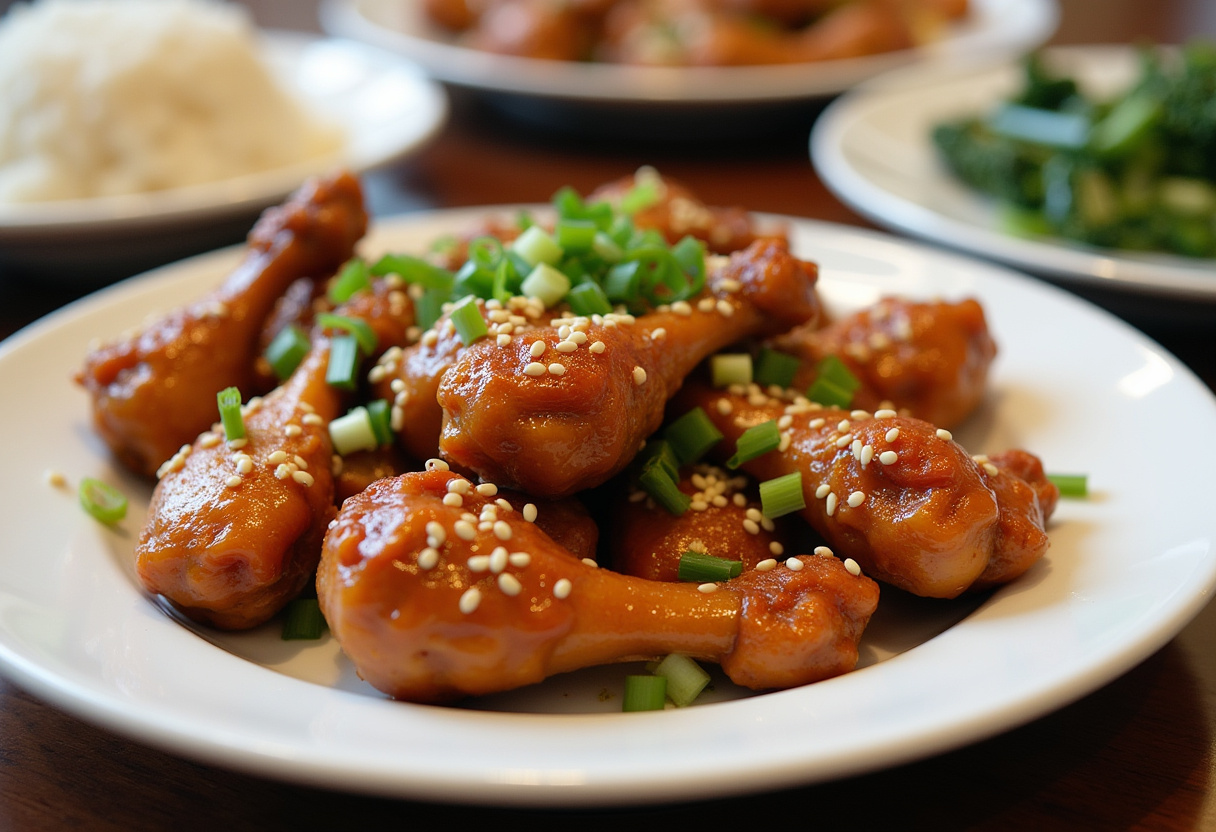 Finished Honey Garlic Chicken with sesame seeds and green onions, served with rice and vegetables.